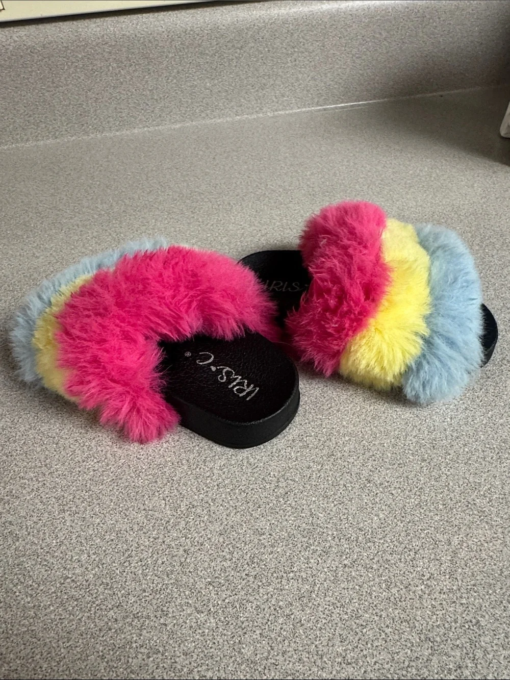 Iris Kids Fuzzy Slide Sandals in Pink, Yellow & Blue